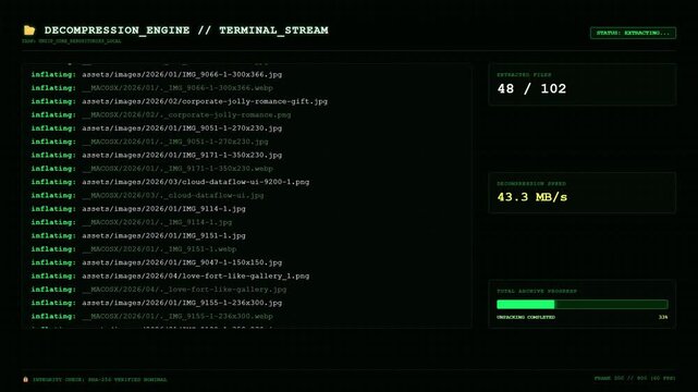 Futuristic Cyber Hacker Terminal Screen File Extraction Progress Green Text.