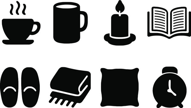 Set of household items and icons including coffee cup mug lamp book slippers clock and cushions Vector