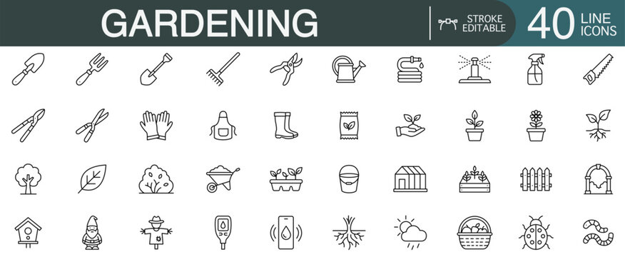 Gardening and backyard agriculture editable stroke line vector icon set featuring horticulture tools, plant cultivation, and greenhouse equipment concepts.	
