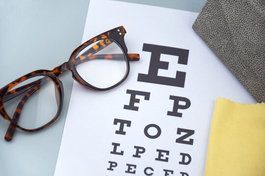 Eye test chart and glasses on blue background