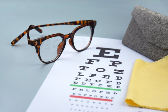Eye test chart and glasses on blue background
