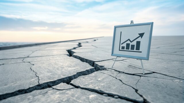 Growth chart on presentation board standing on cracked dry ground symbolizing progress despite challenges and resilience