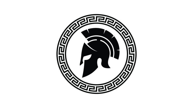 Spartan warrior helmet logo, ancient Greek gladiator silhouette in circular meander frame, black and white knight icon for sports and fitness branding