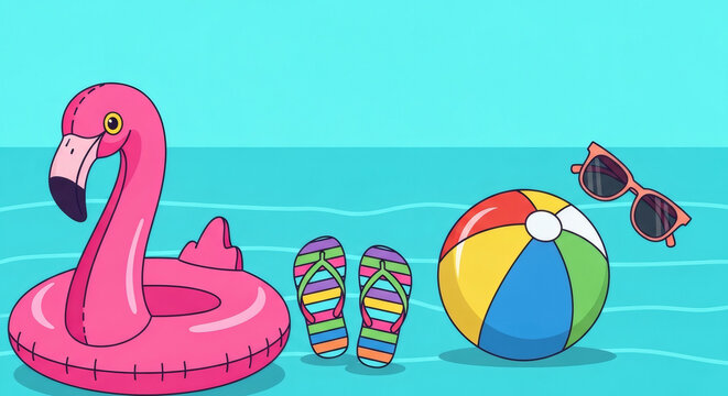 Vivid Summer Fun With A Flamingo Float, Beach Ball, And Stylish Sandals