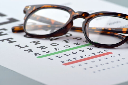 Eye test chart and glasses on blue background