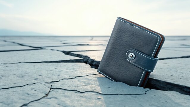 Wallet icon representing personal high fidelity value stands on cracked dry ground with soft natural light
