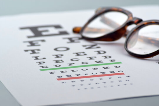 Eye test chart and glasses on blue background