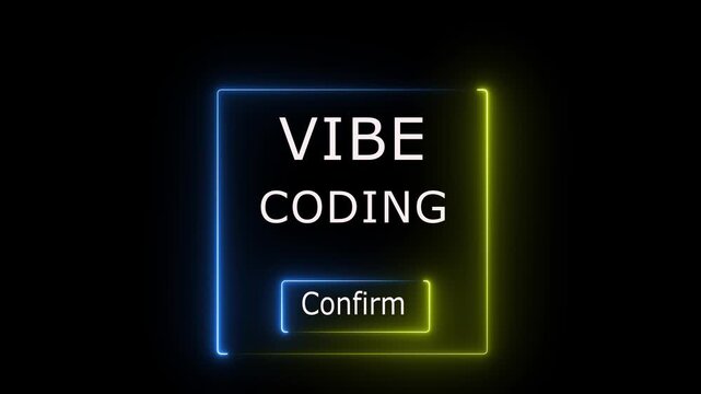 Reaches for a confirm button surrounded by code representing vibe coding, low code, coding programs in a futuristic design Motion graphic.
