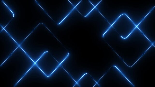 A vibrant abstract background featuring dynamic neon line patterns in shades of blue . Neon blue laser lines animation with black background And 4k animation video.