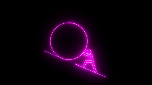Neon hard work icon isolated on black background. Neon outline of pushing boulder upward symbolizing effort and perseverance. the man hard working neon icon animation motion graphic.