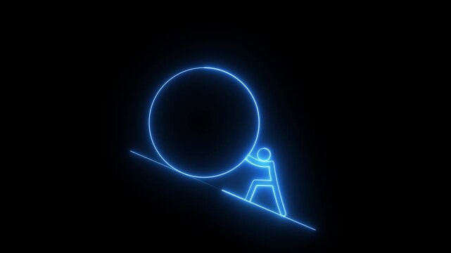 Neon hard work icon isolated on black background. Neon outline of pushing boulder upward symbolizing effort and perseverance. the man hard working neon icon animation motion graphic.