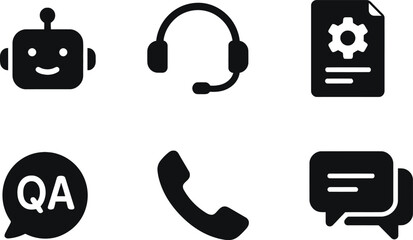 Robot character with headphones and chat bubble icons for customer service and qa testing Vector © MstSabrina