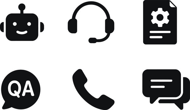 Robot character with headphones and chat bubble icons for customer service and qa testing Vector