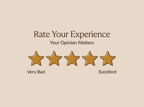 Minimalist feedback form mockup with five star rate widget and text, isolated on sand background