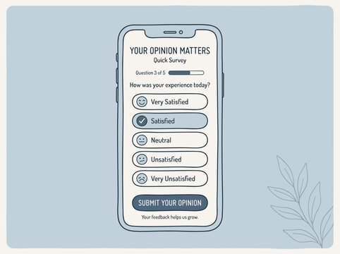 Mobile app survey screen with choice option and submit button, your opinion matters header on blue background