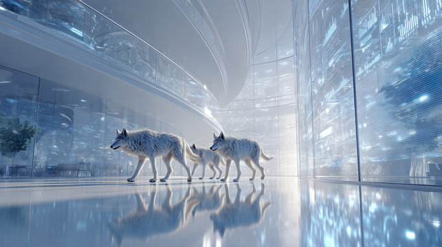 Panoramic 3D illustration of white wolves walking in a vast futuristic corporate office corridor