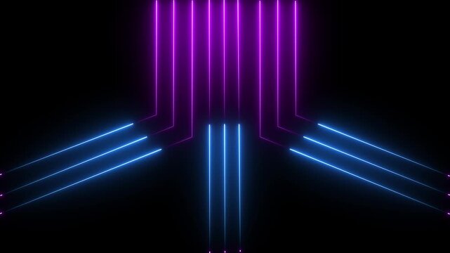 Bright neon laser lines abstract background. Seamless loop. Glowing neon digital stripes line. Abstract lights animated on a Black background. abstract neon Lines moving up screen Motion graphic.