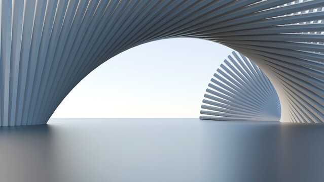 Abstract white geometric spiral pavilion structure against bright sky. Modern minimalist 3D rendering background for technology, business, and exhibition design