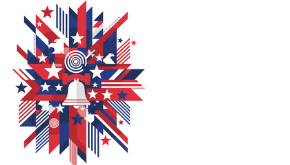 Abstract patriotic explosion of red, white, and blue geometric shapes and stars with a bell and target symbol. © ktb