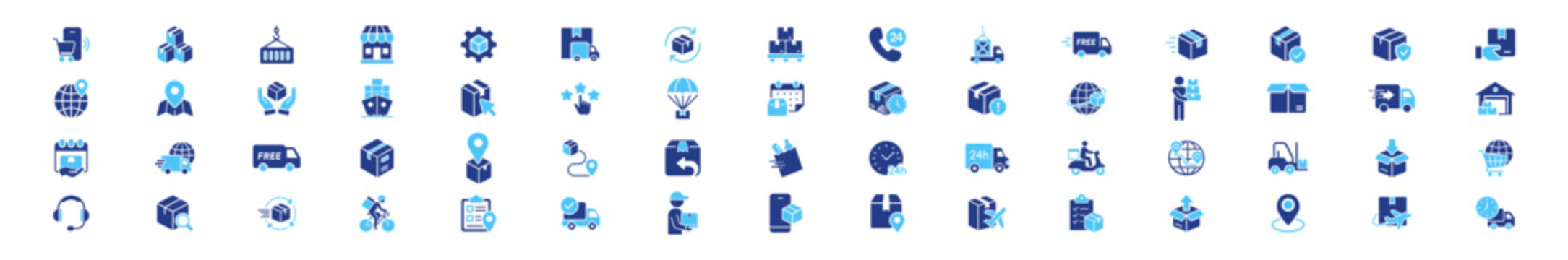 Delivery logistics icon set, courier, freight, warehouse and transport symbols, outline pictogram collection on transparent background