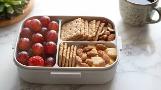 Freshly prepared snack box with grapes, cheese, crackers, and almonds arranged neatly in a divided container on a marble surface with a cup of coffee nearby
