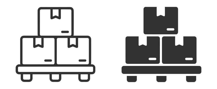 Warehouse storage icon collection, package inventory, pallet handling and logistics symbols on transparent background