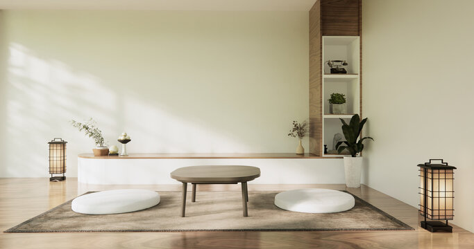 Mock up Cabinet and panel wall design on empty room with decoration ,lamp, plants .3D rendering