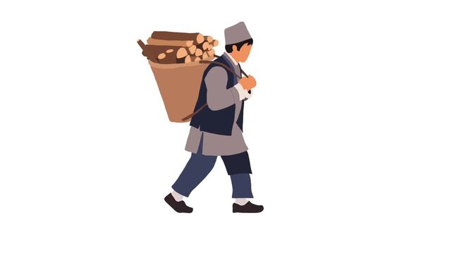 Himalayan Village Man Carrying Firewood Illustration
