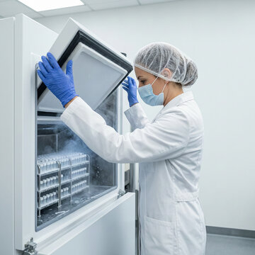 Lab technician biobank freezer cold storage cryogenic laboratory clinical.
