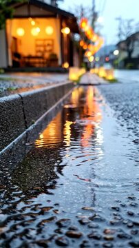 Reflections in puddles on a wet street with glowing lanterns and warm light from a nearby building creating a serene nighttime atmosphere in an urban setting