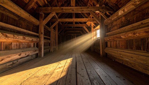 Sunlit Interior of an Old Wooden Structure with Rustic Charm.