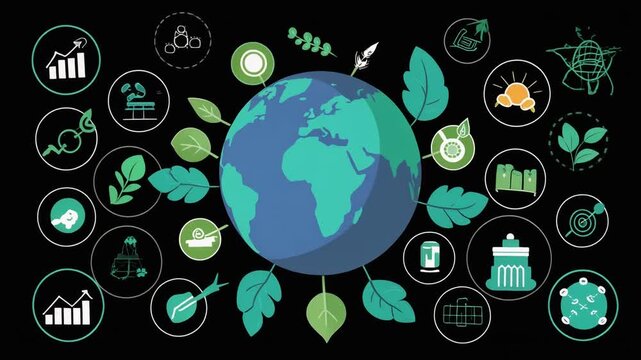 Vector Planet Earth surrounded by eco-friendly icons and green leaves on black background