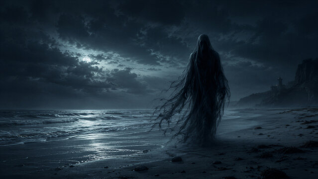 Wraith walking along deserted shoreline under cloudy moonlight