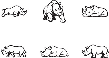 Hand drawn rhino set featuring rhinoceros poses, wildlife vector illustrations isolated for design. © MdNazmul