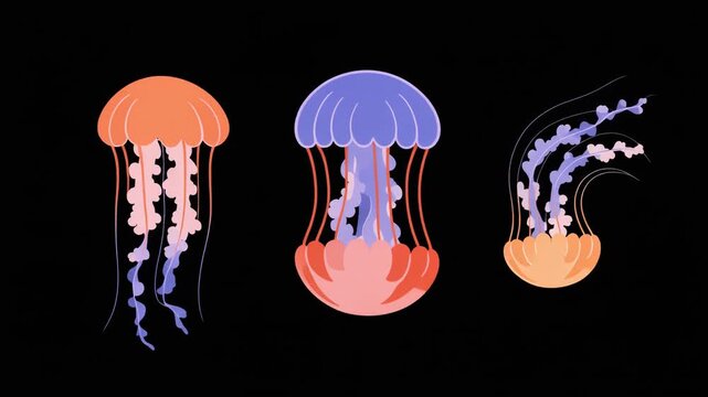Ethereal flat design vector jellyfish floating on a black background with marine motion