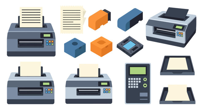 Office Equipment Vector Icons: Printers, Paper Trays, and Accessories