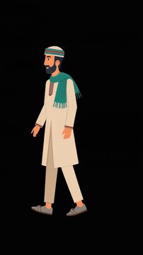 Animated Indian Man in Kurta and Scarf Walking in Place, Vector Flat Design on Black Background