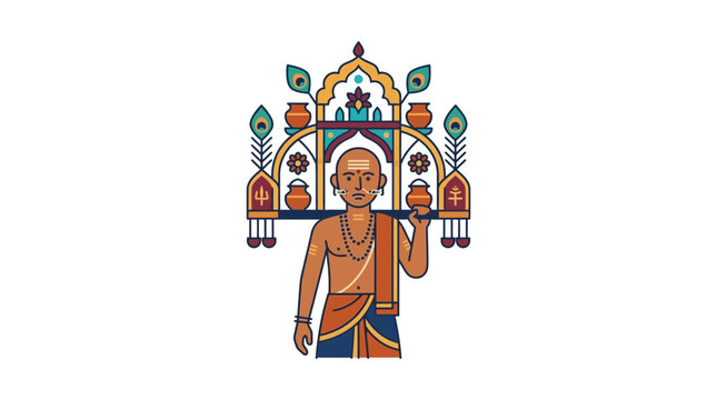 Indian Brahmin Man Carrying Sacred Pots and Peacock Feathers on his Shoulder