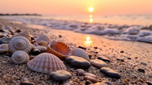 Seashells scattered on sandy beach as gentle waves wash ashore, capturing the warm glow of sunset reflecting on the water's surface