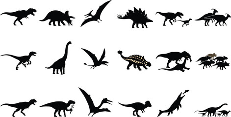 Prehistoric Dinosaur Silhouette Collection Featuring Tyrannosaurus Triceratops Pterosaurs Sauropods and Ancient Reptile Species © Liton