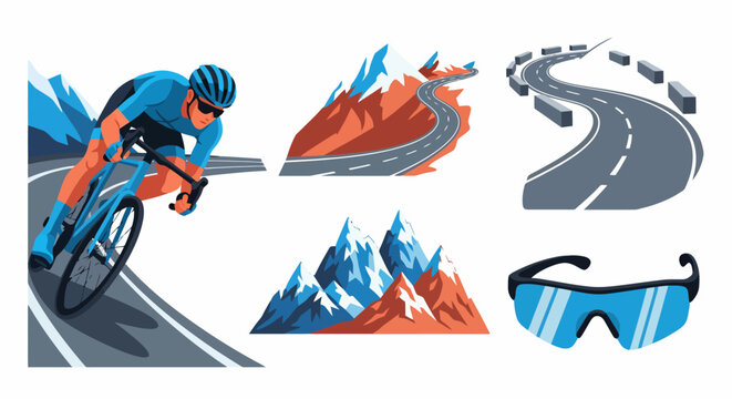 Cyclist racing downhill on a winding mountain road wearing cycling gear.