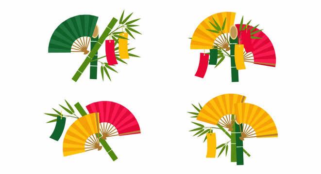 Four Decorative Arrangements of Japanese Fans and Bamboo.