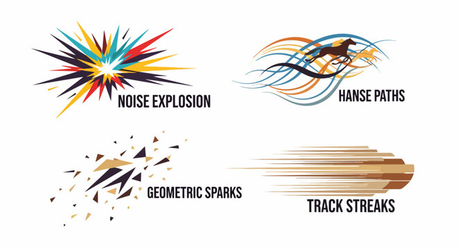 Four abstract graphic elements representing motion and energy.