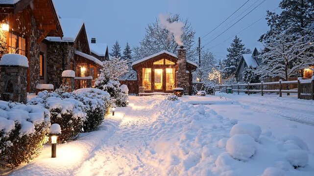 Snow-covered pathway leading to a cozy cabin with warm lights glowing from windows, surrounded by trees and a winter landscape at dusk in a serene neighborhood
