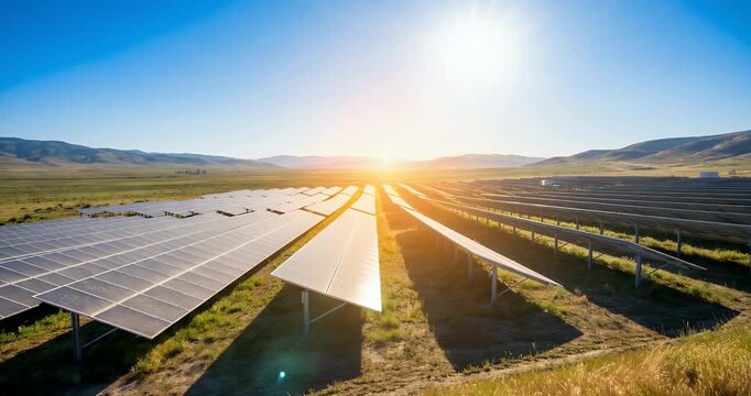 Solar panels farm in a vast field under bright morning sunlight, renewable energy.