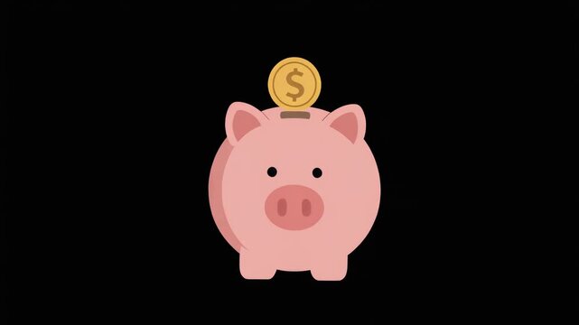 Pink piggy bank animation with gold dollar coin falling inside, vector flat design style