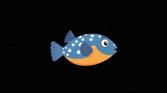 Cartoon Blue Pufferfish Swimming and Inflating in Flat Design Animation on Black Background