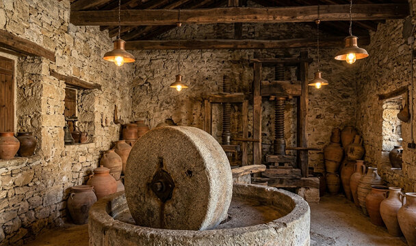 traditional olive oil mill in Omodos village, Cyprus with stone grinding mill and old wooden presses