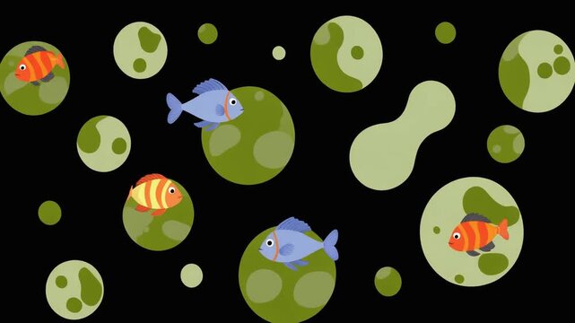 Flat design vector animation of fish swimming among green algae bubbles on a black background