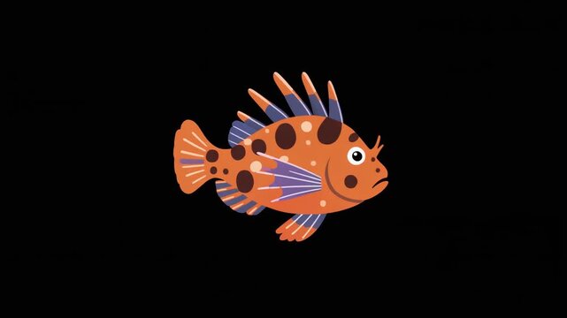 Animated vector illustration of a colorful firefly scorpionfish over black background